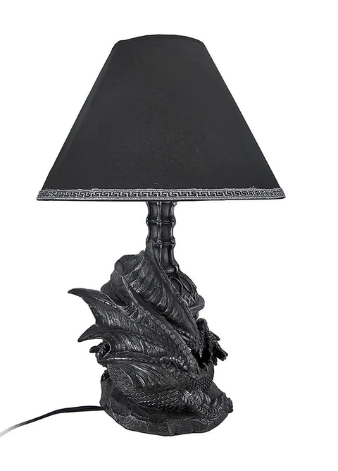 Draco Awakens Lying Dragon Lamp With Treasure Guardian Vibe, 20 Inch Tall Resin Table Light, 12.5 Inch Shade, black finish