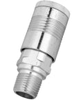 Close-up of a half inch male G style pneumatic quick connect fitting, heavy duty air tool coupler, straight through design.