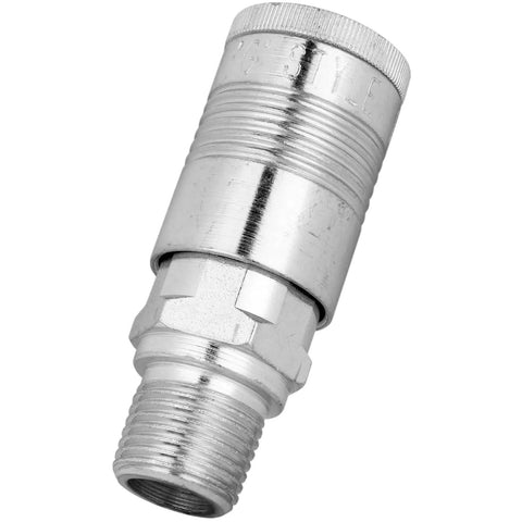 Close-up of a half inch male G style pneumatic quick connect fitting, heavy duty air tool coupler, straight through design.