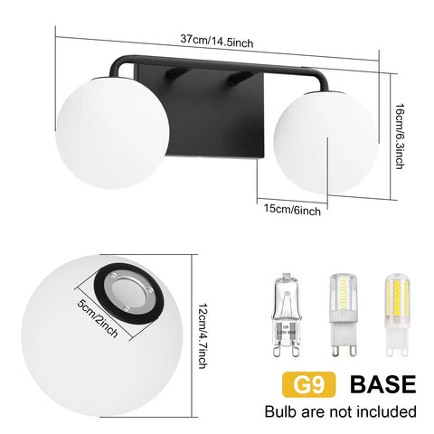 Two Light Mid Century Vanity Lights Over Mirror Matte Black With Milk White Glass Globes, IP44, size details and bulb base