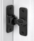 Matte Black 90 And 180 Degree Barn Door Latch Lock installed on a white door, zinc alloy flip latch, right angle security lock.