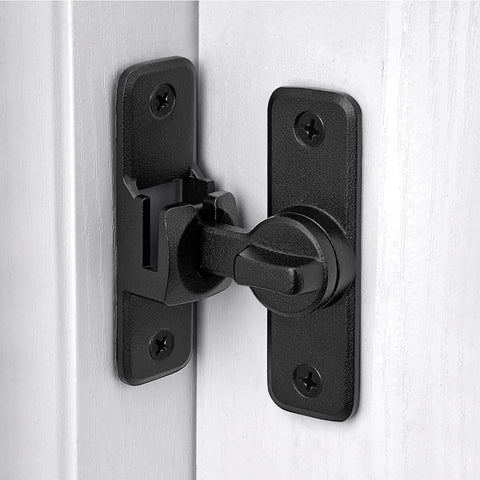 Matte Black 90 And 180 Degree Barn Door Latch Lock installed on a white door, zinc alloy flip latch, right angle security lock.