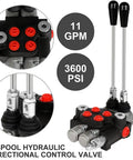 Beefy Hydraulic Flow Control Valve With Two Spools, 11 GPM, G Port Inlets, Adjustable Relief, Lever Handle, 3600 PSI, front view.