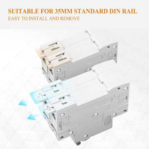 Tough Built 2P Dc Circuit Breaker 20Amp 500Volt Din Rail Mount Solar Disconnect Switch For Pv Panels Battery Bank Inverter Rv Camper Home Electrical Panel No Sweat Setup Hella Reliable, showing two disconnect switches on a standard DIN rail.