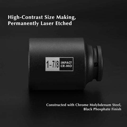 Half Inch Drive Deep Six Point Impact Socket Set For Metric Axle Nuts, CR-MO Steel With Black Phosphate Finish, laser etching