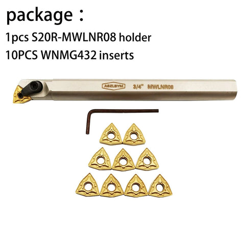 ASZLBYM 3/4 in boring bar holder S20R-MWLNR08 with 10 WNMG432 carbide inserts and Allen key.