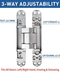 Badass Silent Hidden Door Hinges Six Inch Outswing Concealed Butt Hardware showing 3-way adjustability features and attachment points.