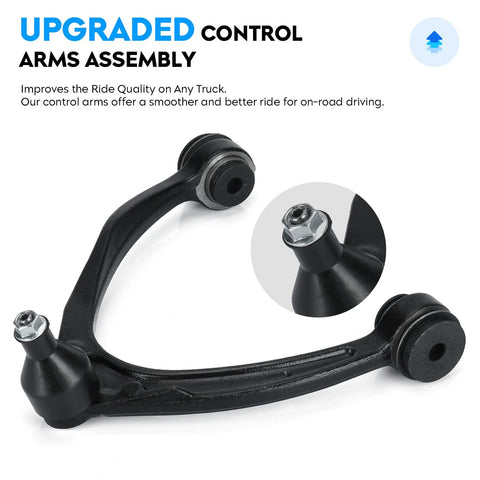 Front Upper Passenger Side Control Arm With Beefed-Up Ball Joint Assembly K80670 For Chevy Silverado 1500 2007 To 2016 And GMC Sierra Yukon Tahoe Suburban Avalanche Cadillac Escalade ESV EXT 2007 To 2014 Suspension Kit shown front view.