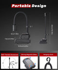 Magnetic Gooseneck Work Light With 4400mAh Rechargeable Battery, 1000 Lumen LED Light, 3 modes, dimensions, hanging hook, black design.