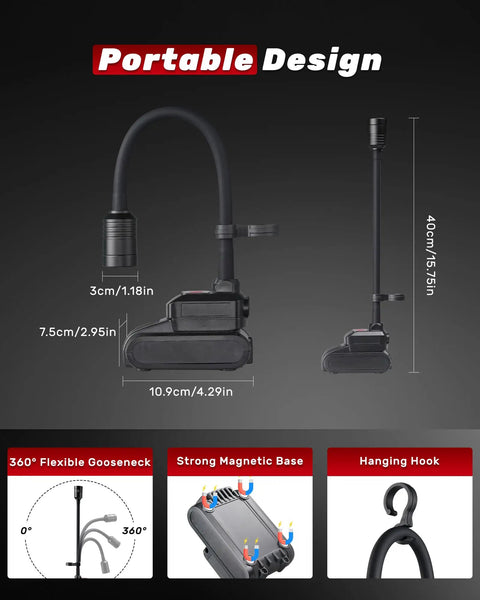 Magnetic Gooseneck Work Light With 4400mAh Rechargeable Battery, 1000 Lumen LED Light, 3 modes, dimensions, hanging hook, black design.