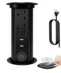 Auto Rises Pop Up Outlet Slick Aluminum Desk Power Strip With Swappable Modules Quick Charge Ports And Optional Speaker view showing black hub and power cord.