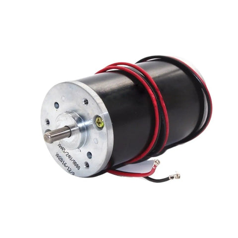 Badass 4575 DC Motor Packs A Permanent Magnet Punch Runs Sweet On 12 Or 24 Volts Cranks Out 4000 Or 8000 RPM With Zero Drama Loads Of Low Noise Torque Perfect For Your Next Heavy Duty DIY Build, showing a black motor with wires.