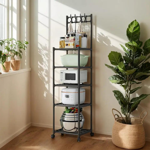 Five Tier Heavy Duty Storage Rack With Smooth Swivel Rolling Wheels Industrial Platform Shelving Unit For Garage Home Organization Rock Solid Rust Coated Steel Frame, filled with bowls and cookers.