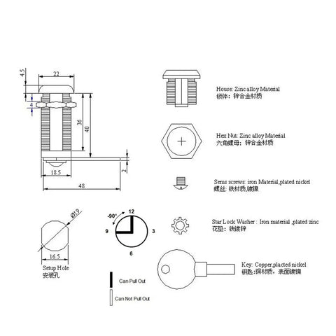 Technical drawing of Cam Lock for Cabinets and Wardrobes with material details and dimensions, MMS243, 1 Piece.