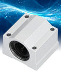 Top Shelf Heavy Duty 20mm Aluminum Linear Ball Bearing Slide Block With Slick Rolling Bushings For Precision Cnc Machines and Electronic Gear Linear Motion Guide Shaft, silver aluminum slide block close-up.