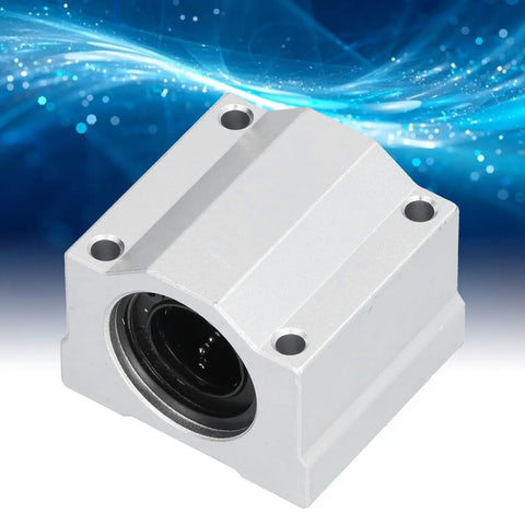 Top Shelf Heavy Duty 20mm Aluminum Linear Ball Bearing Slide Block With Slick Rolling Bushings For Precision Cnc Machines and Electronic Gear Linear Motion Guide Shaft, silver aluminum slide block close-up.