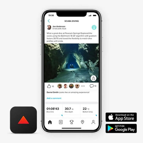 Phone displaying dive log interface with EON Steel Black Dive Computer With Ultra Durable Build, Wireless Sync, Rechargeable Battery Up To 40 Hours app.