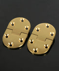 Hardcore Durable Brass Hinges 2 Pack Round Edge for Folding Tables Two And A Half Inches By One And A Half Inches Built to Last With Smooth Gloss Finish Easy Install Furniture Upgrade for Strong Support and Long Life shown on black background.