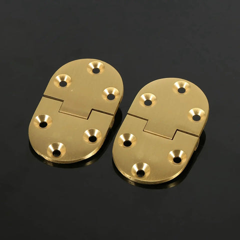 Hardcore Durable Brass Hinges 2 Pack Round Edge for Folding Tables Two And A Half Inches By One And A Half Inches Built to Last With Smooth Gloss Finish Easy Install Furniture Upgrade for Strong Support and Long Life shown on black background.