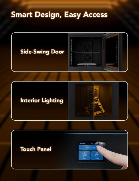 Game Changer 360 Degree UV Curing Station For 3D Prints with side-swing door, interior lighting, and touch panel interface
