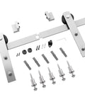 Six Feet Brushed Nickel Sliding Barn Door Hardware Kit For 36 Inch Door With Smooth Quiet Track System shown with components.