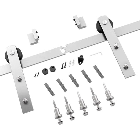 Six Feet Brushed Nickel Sliding Barn Door Hardware Kit For 36 Inch Door With Smooth Quiet Track System shown with components.