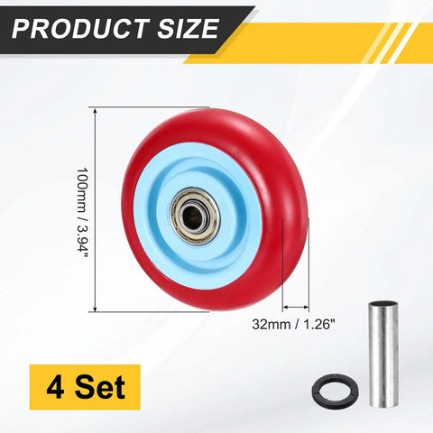4 Pcs Push Cart Wheels Replacement Pu Rolling Casters With Bushing And Washer, 4 Inch By 1.3 Inch, 100 Mm Diameter, red wheel
