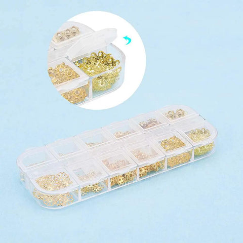 Golden Filigree Flower Bead Caps Set With 240 Pcs 12 Unique Brass Petal Ends in a clear storage box.