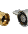Two-piece 3/4 in NPT wet-line hydraulic quick-disconnect set: brass threaded fitting and silver wing-nut coupler.