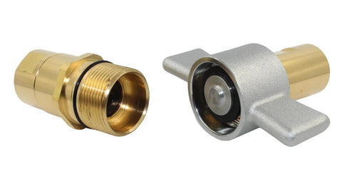 Two-piece 3/4 in NPT wet-line hydraulic quick-disconnect set: brass threaded fitting and silver wing-nut coupler.