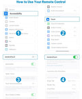 Instructions for setting up remote control using Accessibility and Touch settings on a mobile device screen.