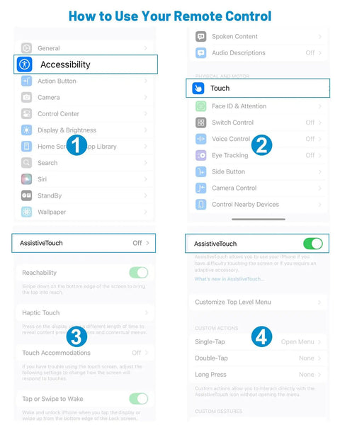Instructions for setting up remote control using Accessibility and Touch settings on a mobile device screen.
