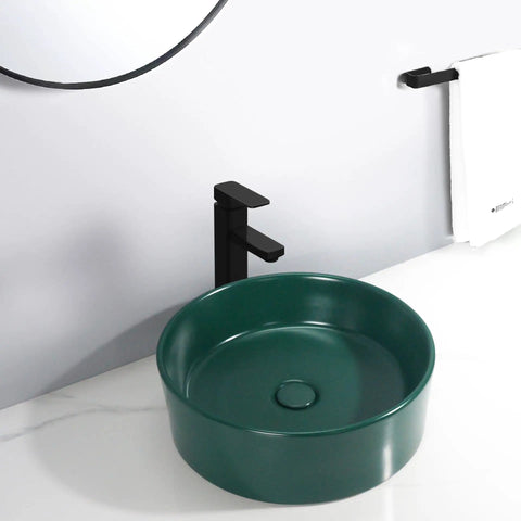 Bathroom Sink Bathroom Round Non-Porous Ceramic Wash Basin Dark Green Wash Basin Bathroom Art Above Counter Basin Bathroom Sink Vessel with faucet in modern bathroom