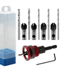 Heavy Duty Countersink Drill Bit Set For Woodworking, High Speed Steel with red depth collar and storage case.