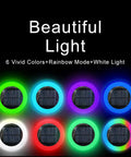Colorized Solar Ground Lights With 20 Lumens Dope Outdoor RGB LEDs showcasing 6 vivid colors and rainbow mode