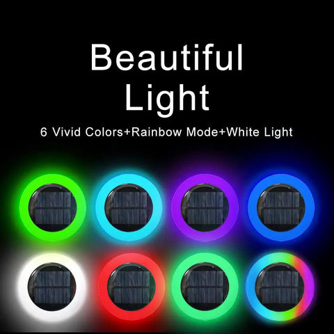 Colorized Solar Ground Lights With 20 Lumens Dope Outdoor RGB LEDs showcasing 6 vivid colors and rainbow mode