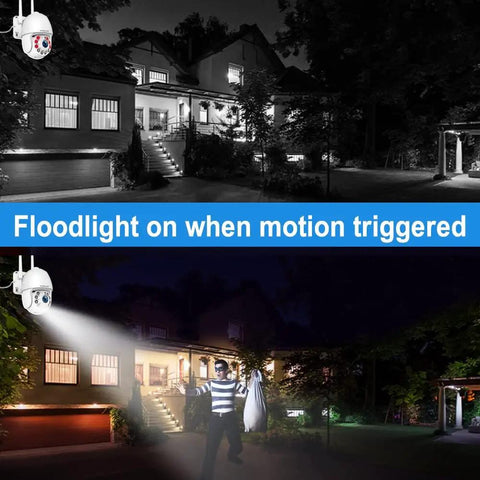 Outdoor WiFi Security Camera System With Around The Clock Recording, Spotlight Color Night Vision, Motion Tracking And Alerts, PTZ Auto Tracking, Two Way Talk, Waterproof Surveillance For Home capturing a home and intruder at night