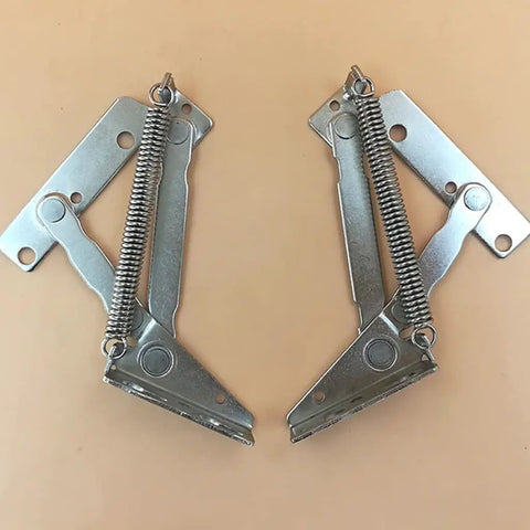 Top Shelf Set Of Two Heavy Duty Spring Hinges For Folding Sofa And Bed 80 Degree Cabinet Door Lift Support With Smooth Flap Top Motion Rock Solid Furniture Hardware Built Tough, showing two nickel plated steel hinges.