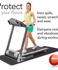 Woman on treadmill with protective floor mat, dampening noise and preventing spills, scratches, and wear during workouts.
