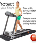 Woman using treadmill on protective floor mat with text about noise dampening and floor protection, Resilia mat featured.