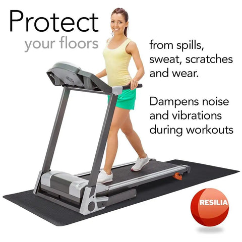 Woman using a treadmill on a black mat labeled Resilia, designed to protect floors from spills, sweat, scratches, and wear.