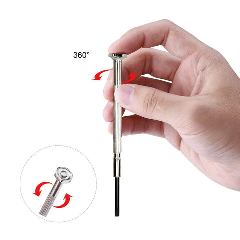 Hand holding a screwdriver from the 11 Piece Mini Precision Screwdriver Set For Electronics Toys Computers And Watches Repair Includes 00 0 Phillips.