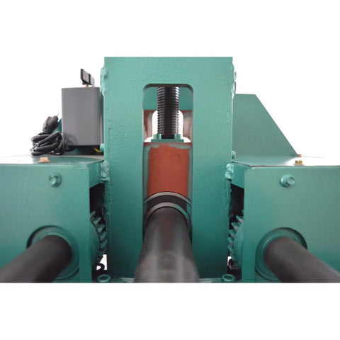 Dinenovate Electric Hydraulic Tube Bender With 17 Dies For Cold Bending Round And Square Pipes. Close-up of hydraulic mechanism and tubing.