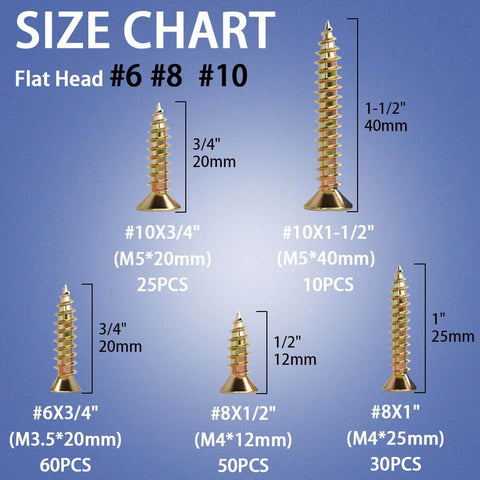 Wood Screws Kit 175 Pieces Self Tapping Screws Set Yellow Zinc Plated Flat Head Phillips Assorted Wood Screws With Lengths Half Inch Three Quarter Inch One Inch One And A Half Inch Gold Finish For DIY Projects size chart with screw dimensions.