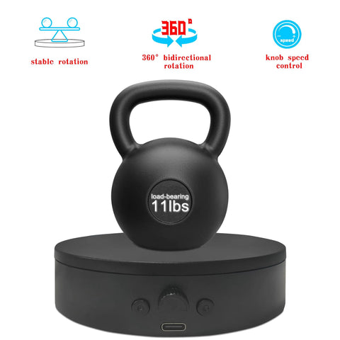 ComXim 4.53 Inch Black Rotating Display Stand Electric Turntable Spinning Platform With Adjustable Speed For Jewelry And Shoes Perfect Lazy Susan Photography Prop Easy To Switch Direction Compact Design showing 11lb kettlebell on turntable.