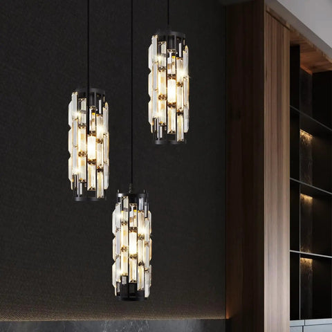 3 Light Pendant Chandelier With Bulbs Included, Modern Crystal Hanging Light Fixture, 60 Inch Adjustable Cord, Matte Black Island Lights