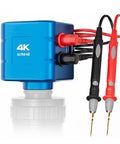 4K 1080P Digital Microscope Camera with HDMI and USB outputs, blue aluminum body, multimeter probes, ideal for PCB CPU repair.