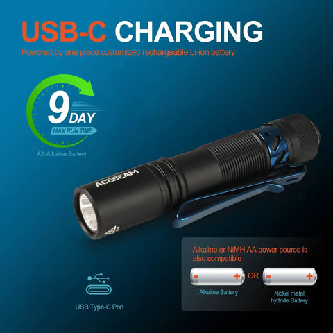 Rechargeable AA Pocket Flashlight With Clip, Tiny But Mighty EDC Light with USB-C charging feature and alkaline battery compatibility.