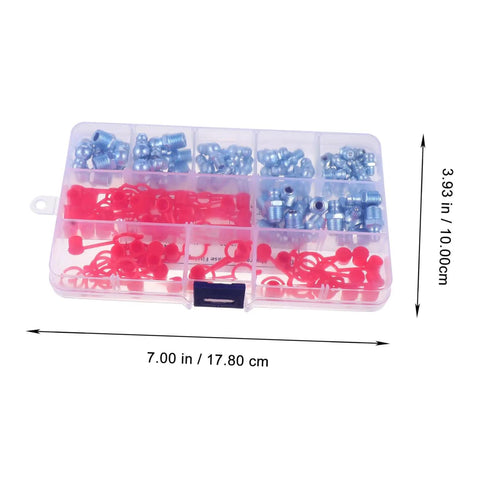 Zerk Fitting 100Pcs Assortment Kit with straight and grease nipples, durable zinc plated iron fittings set in plastic case