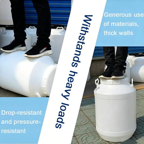 Go To Large Open Top Plastic Storage Barrel 30L HDPE Drum with lid, supports heavy loads, used as a platform; white color.